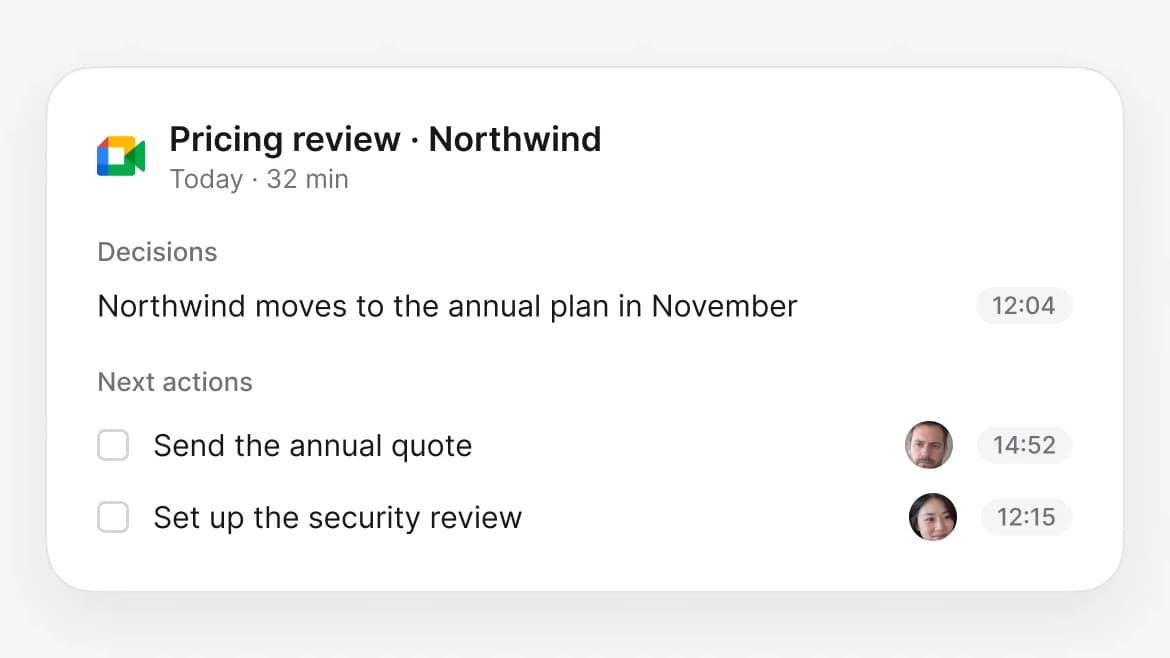 A meeting brief for a pricing review with Northwind, showing one decision and two action items, each with an owner and a timestamp.