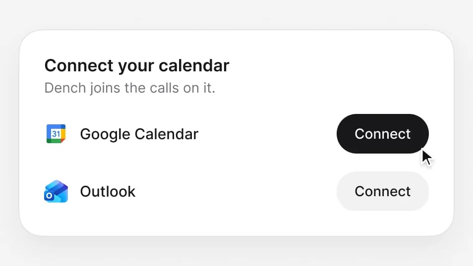 Connect your calendar, with Connect buttons for Google Calendar and Outlook.
