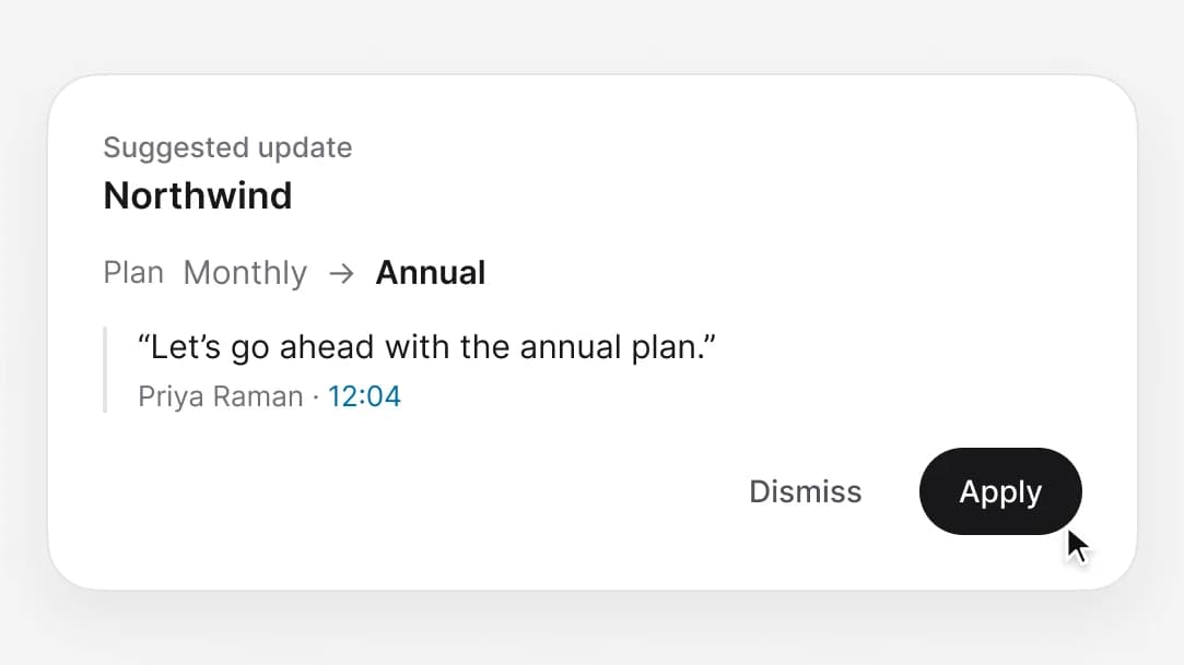 A suggested update changing Northwind's plan from Monthly to Annual, with the quote it came from and Apply and Dismiss buttons.