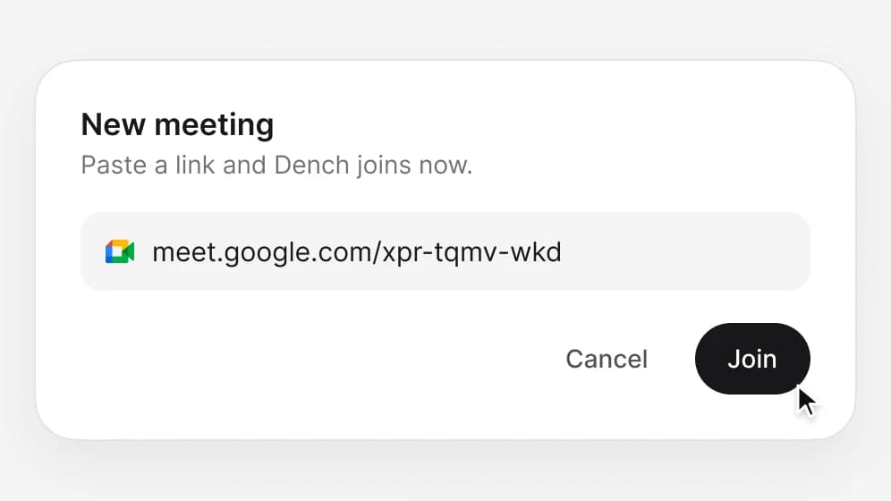 The New meeting dialog with a Google Meet link pasted in and a Join button.