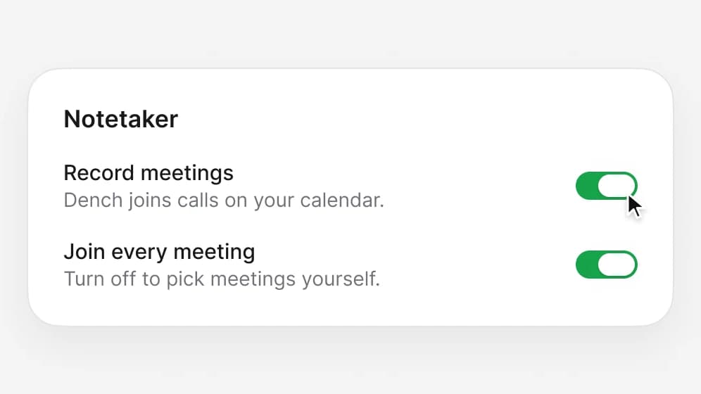 Notetaker settings with Record meetings and Join every meeting switched on.