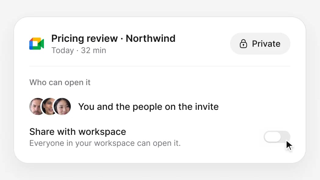 A meeting marked Private, open to you and the people on the invite, with Share with workspace switched off.